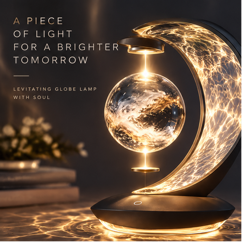 Crescent moon levitating globe lamp More Than a Lamp hero - A Fusion of Technology and Art, five gold icons Magnetic Levitation, Warm White LED Light, Touch Control, Premium Craftsmanship, A Calming Atmosphere, dark background with UFO-frame vertical lamp version and floating cloud globe