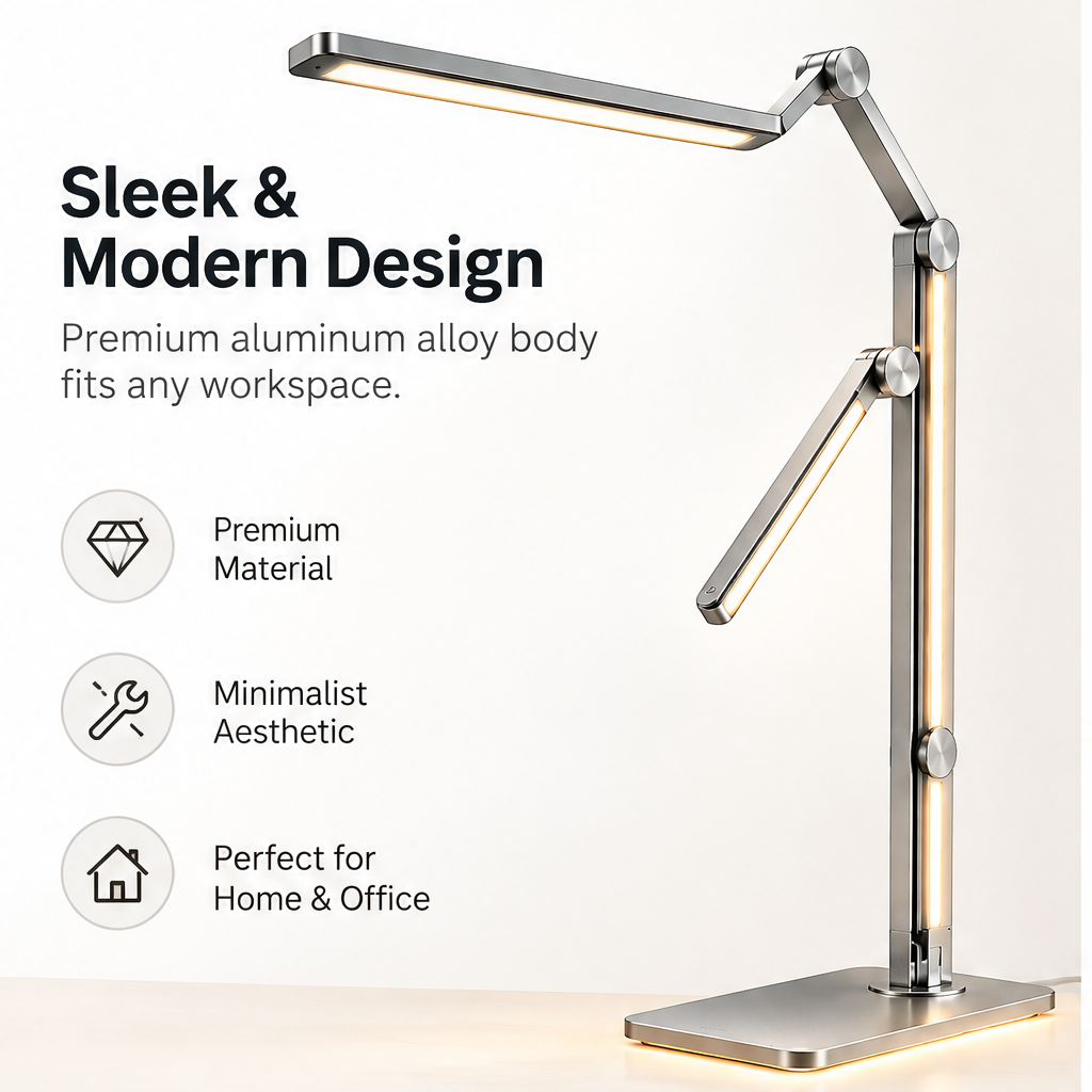 TOWWIY® LED desk lamp brighten smarter — Modern Design for a Better You, Eye-Caring LED Light, Stepless Dimming, 3 Color Temperatures, desk scene with laptop and plants