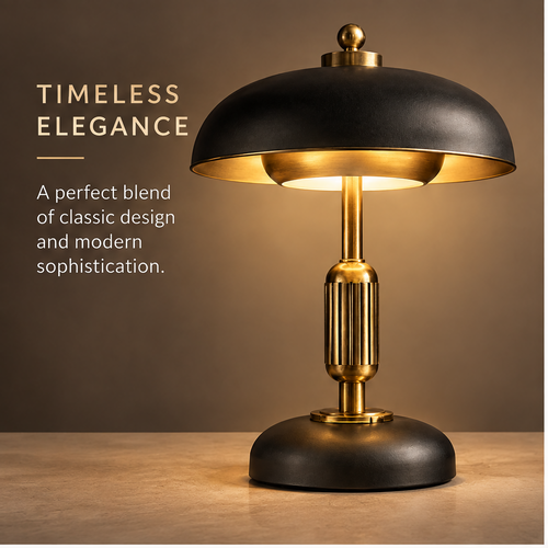 Art Deco mushroom dome table lamp size dimensions - width 28cm 11in, height 34cm 13.4in, four use icons Living Room, Bedroom, Office, Perfect Gift, warm amber background
