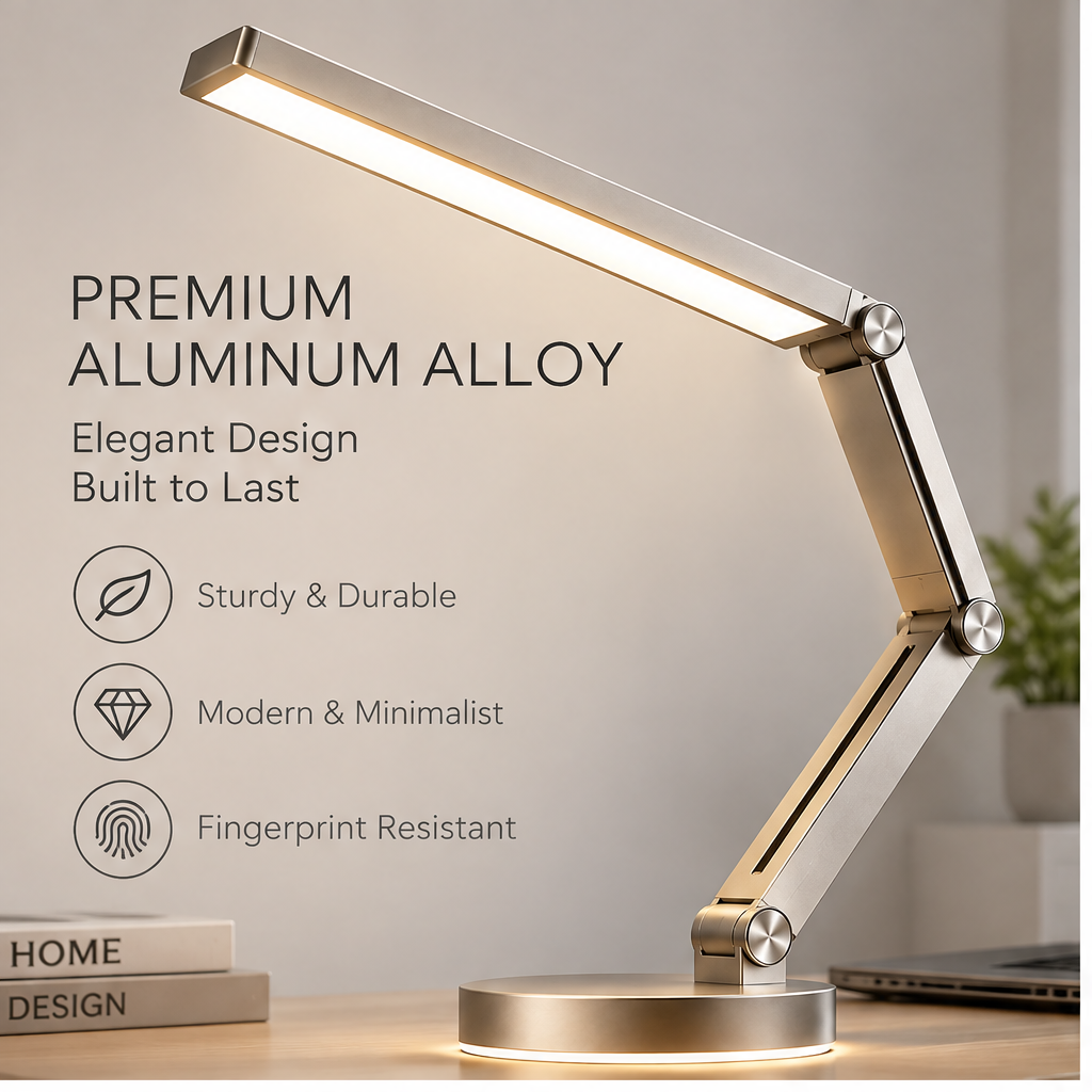 TOWWIY® premium aluminum alloy LED desk lamp champagne gold — Elegant Design Built to Last, Sturdy & Durable, Modern & Minimalist, Fingerprint Resistant, Home Design desk scene