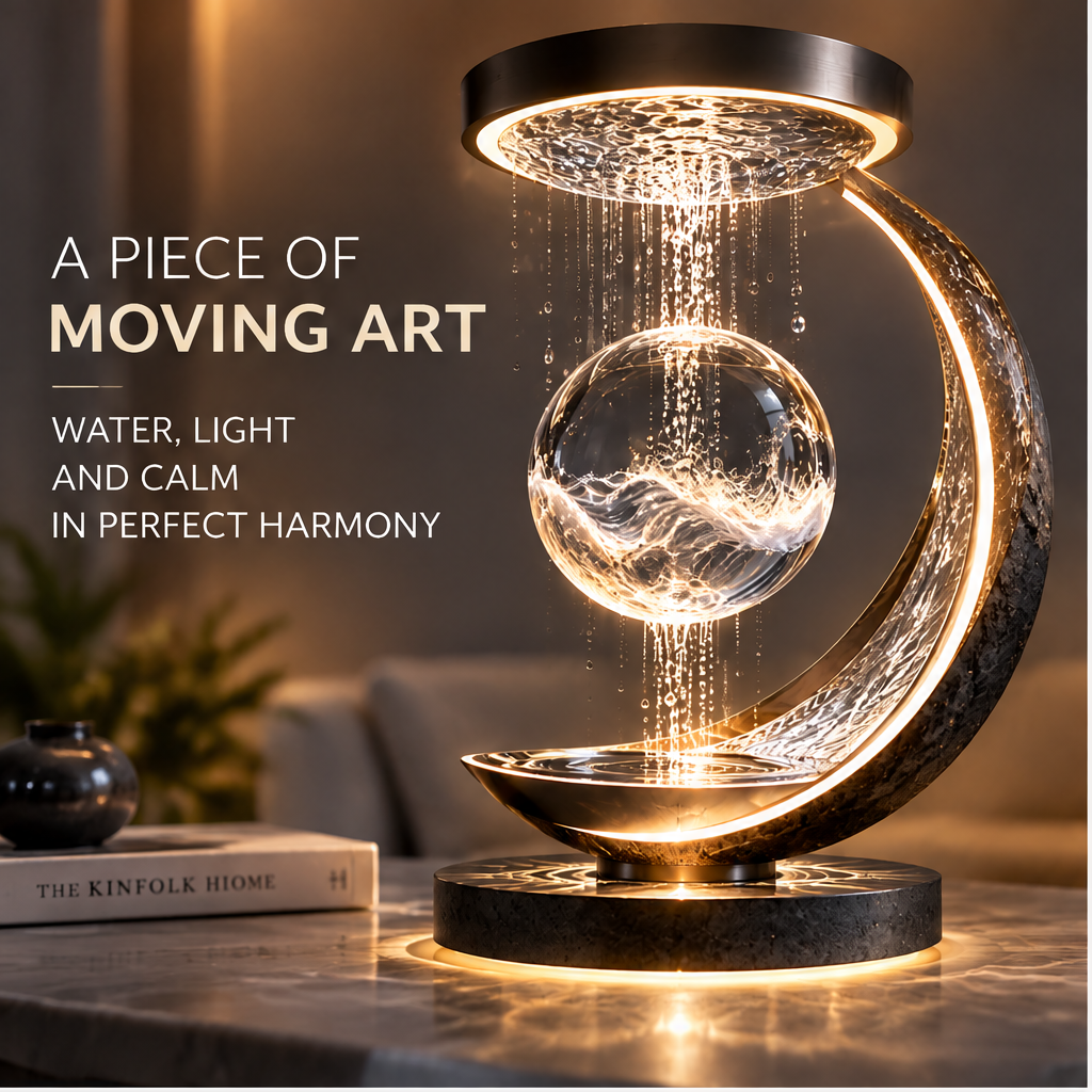 Crescent rain lamp A Piece of Moving Art lifestyle - Water Light and Calm in Perfect Harmony, living room marble table beside The Kinfolk Home book, crescent arc with falling water through crystal orb, golden water-ripple projection across floor and wall