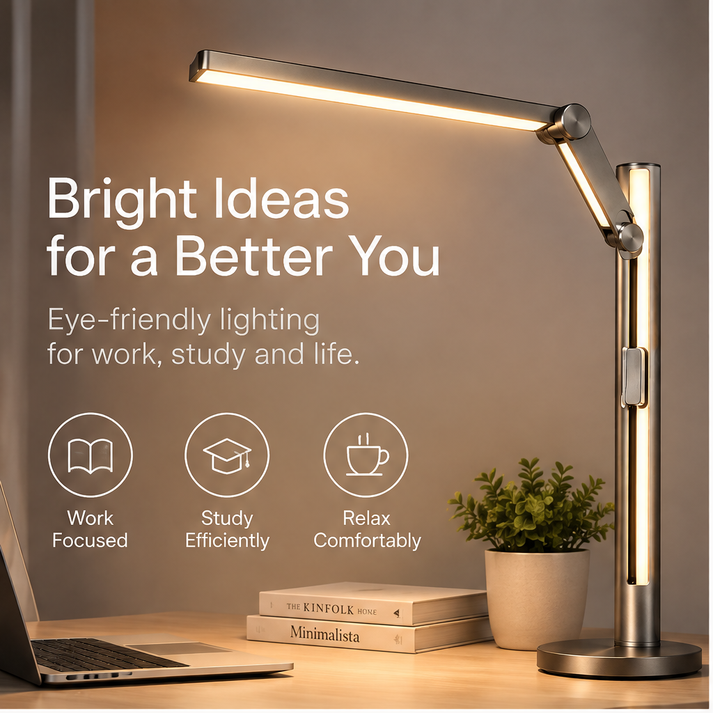 TOWWIY® premium LED desk lamp on desk — Bright Ideas for a Better You, eye-friendly lighting for work study and life, Work Focused Study Efficiently Relax Comfortably