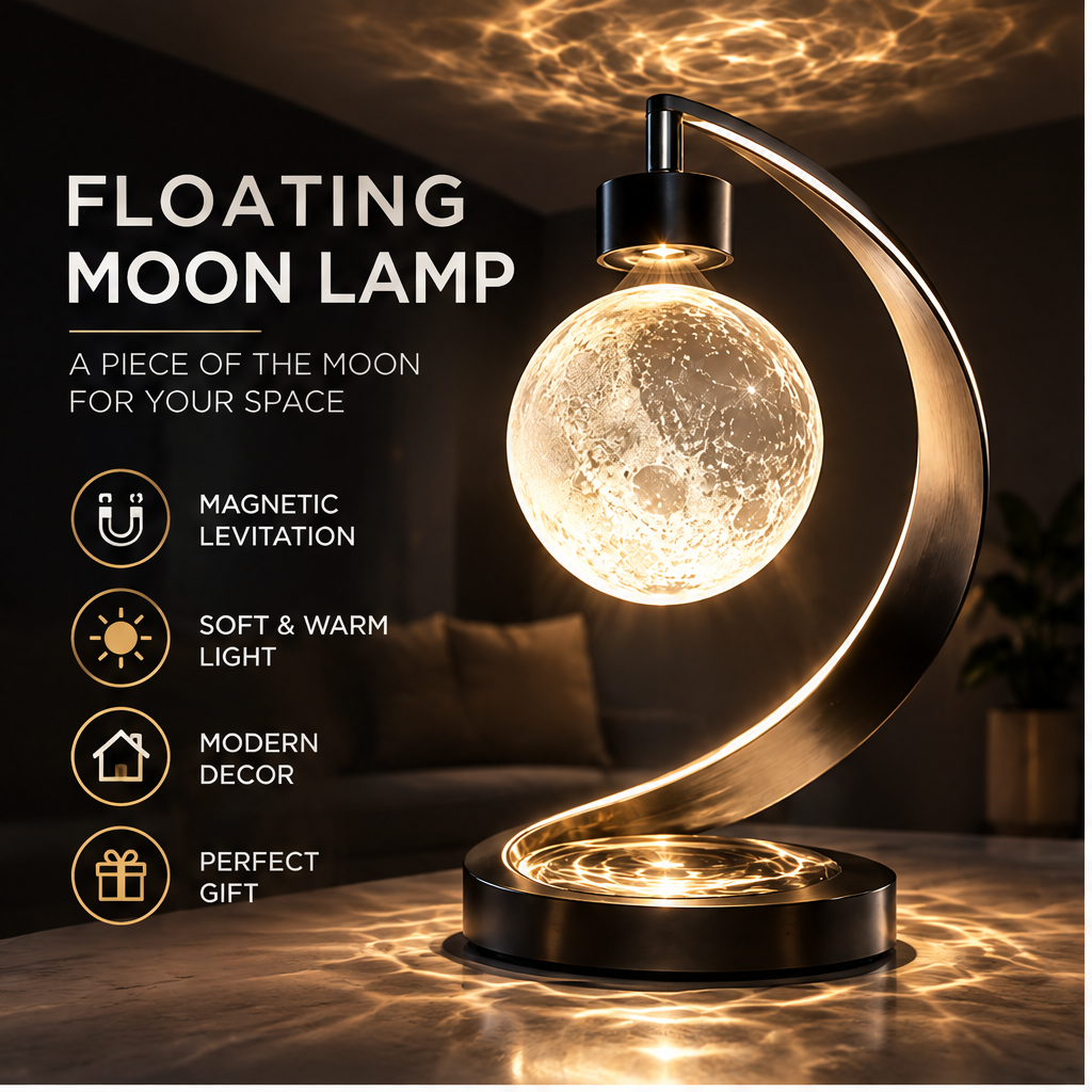 Floating Moon Lamp product hero - A Piece of the Moon for Your Space, four feature icons Magnetic Levitation, Soft and Warm Light, Modern Decor, Perfect Gift, dark atmospheric background with water-ripple ceiling projection