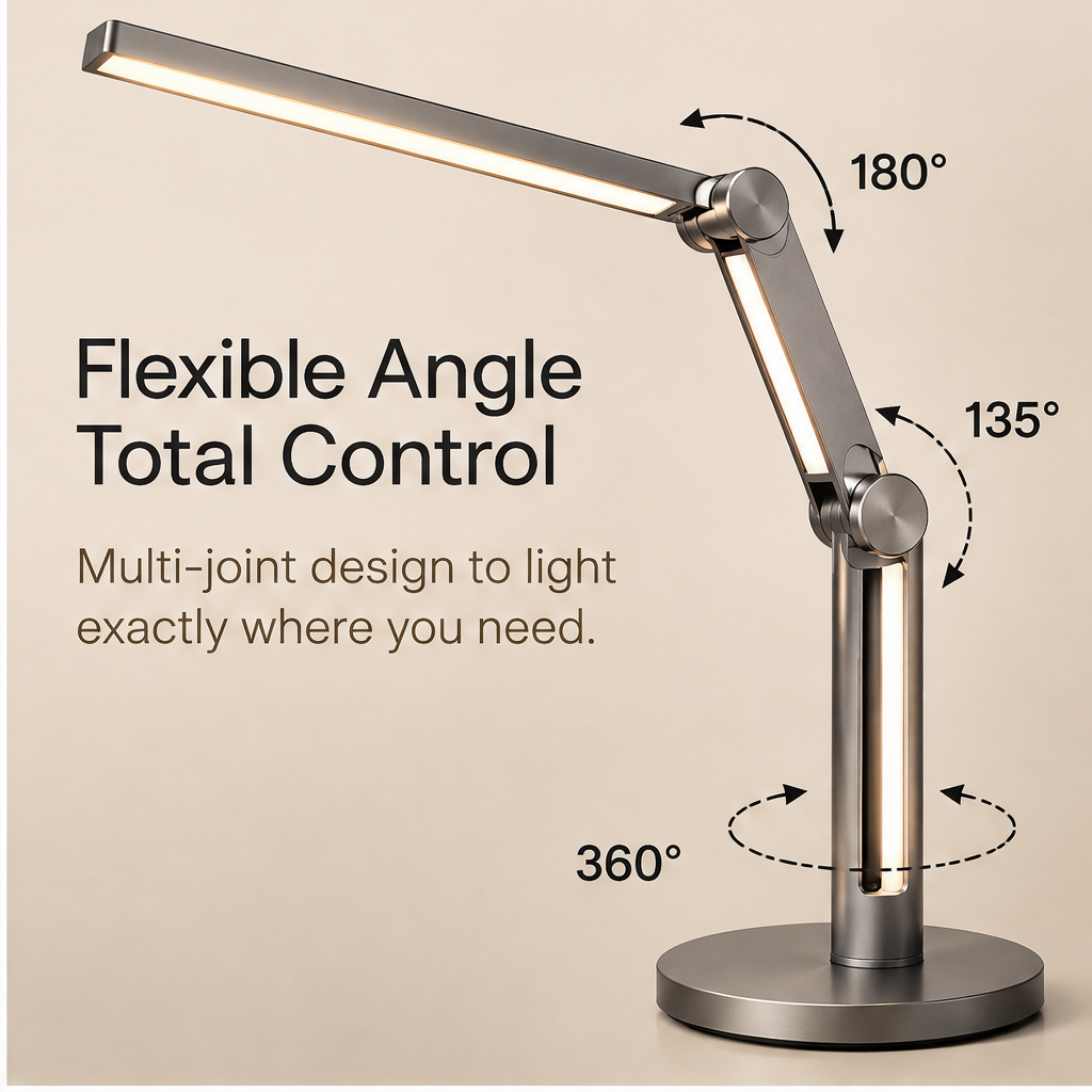 TOWWIY® desk lamp flexible angle total control — 180° rotating lamp head, 135° adjustable arm, 360° base rotation, multi-joint design to light exactly where you need