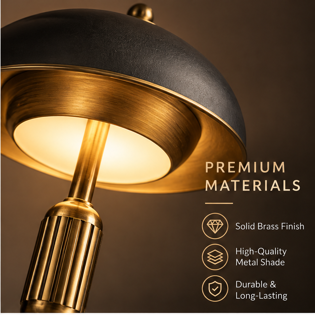 Art Deco mushroom dome table lamp Timeless Elegance - Timeless Elegance A perfect blend of classic design and modern sophistication, side view warm background, solid brass fluted column detail