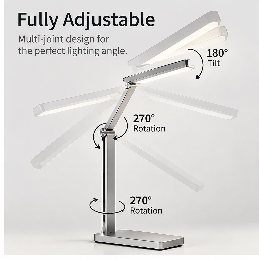 TOWWIY® desk lamp premium quality in every detail — flicker-free LED panel, precision metal hinges, touch control, aluminum alloy premium build
