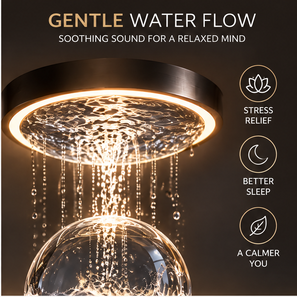 Crescent rain lamp gentle water flow close-up - Gentle Water Flow Soothing Sound for a Relaxed Mind, top illuminated disc with water surface macro, dozens of fine water thread curtains falling through warm LED ring, three icons Stress Relief, Better Sleep, A Calmer You, dark background