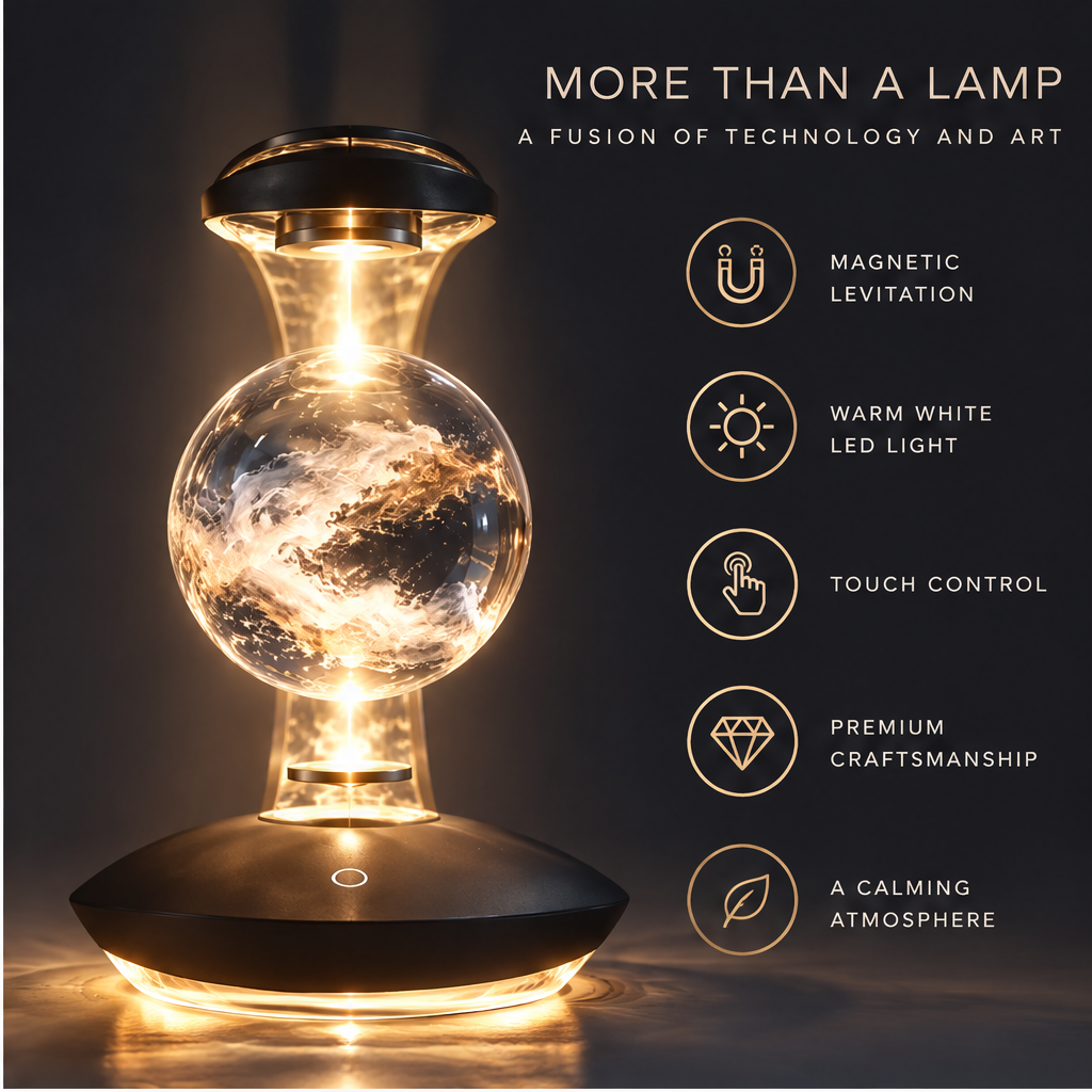 Crescent moon levitating globe lamp Transform Your Space bedroom lifestyle - Turn Space Into a Feeling, C-shaped crescent arc with floating globe on bedside table beside The Kinfolk Home book, water-ripple projection covering entire back wall, Home Bedroom Office Perfect Gift four icons
