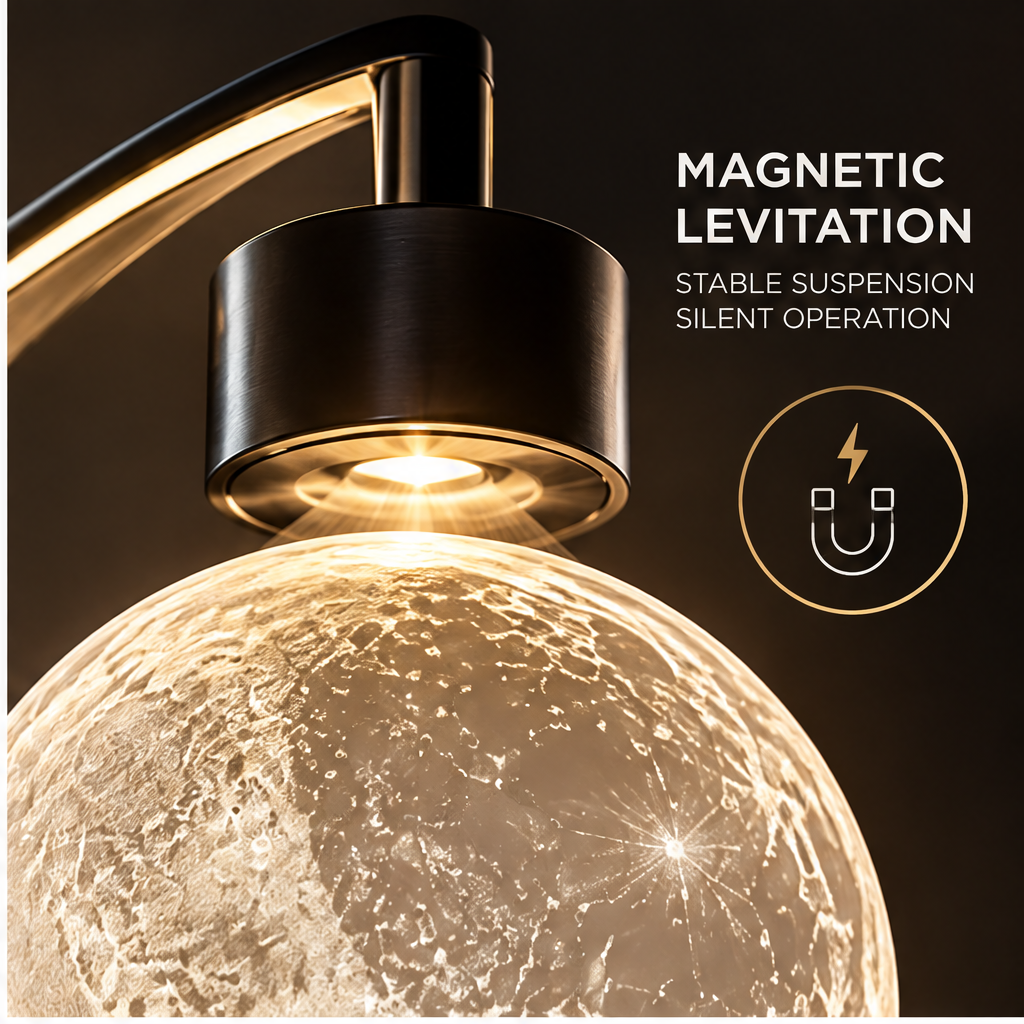 Floating moon lamp magnetic levitation close-up - Magnetic Levitation Stable Suspension Silent Operation, black levitation head macro detail, crackle-glass moon surface upper half close-up, gold magnetic lightning bolt icon badge, dark background