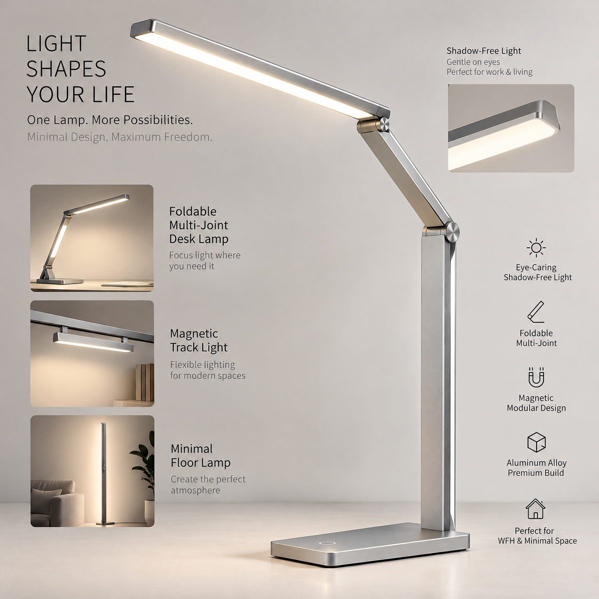 TOWWIY® desk lamp overview — light shapes your life, one lamp more possibilities, eye-caring shadow-free light, foldable multi-joint, magnetic modular design
