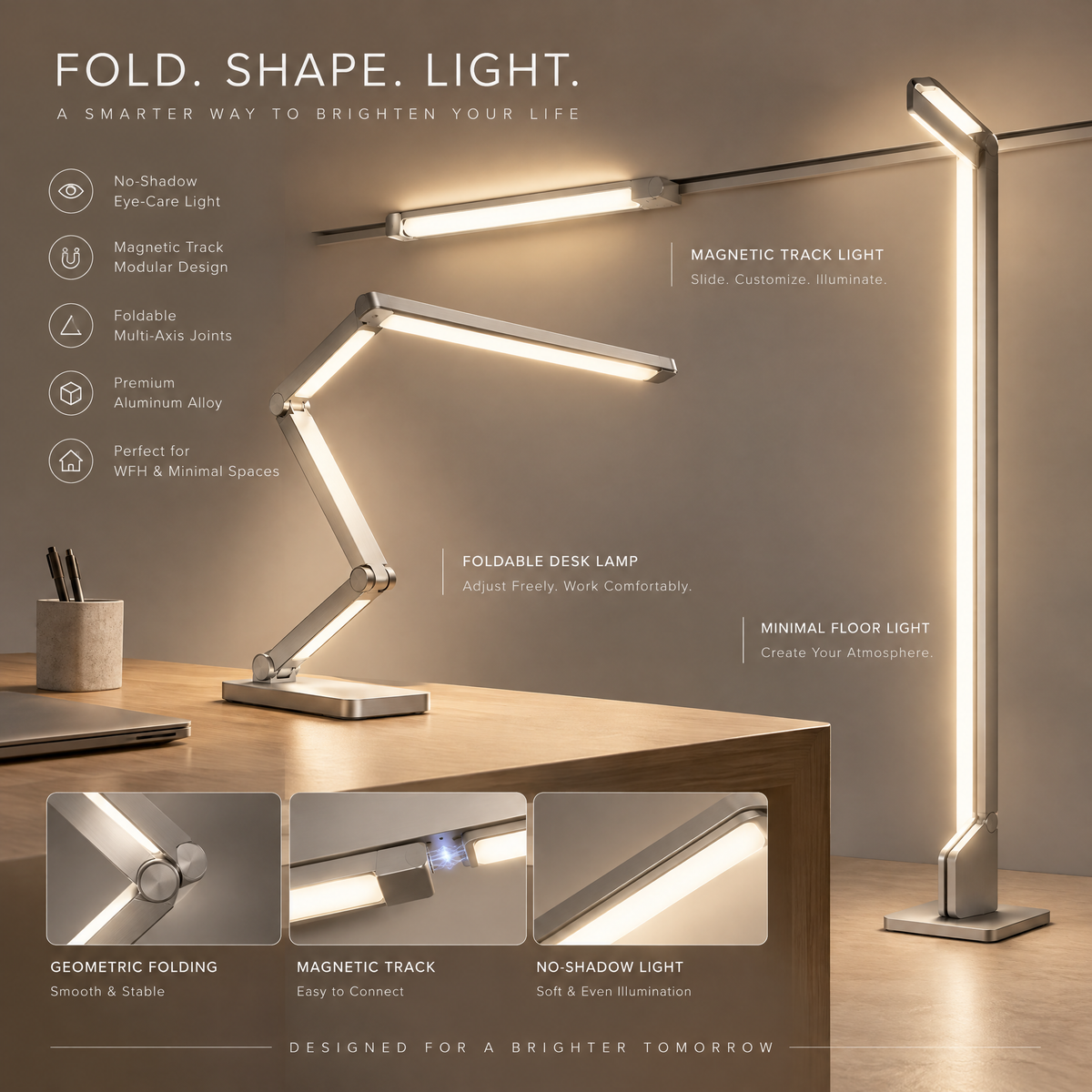 TOWWIY® modular light system full overview — Fold Shape Light, Foldable Desk Lamp, Magnetic Track Light, Minimal Floor Light, Geometric Folding Smooth & Stable, Magnetic Track Easy to Connect, No-Shadow Light Soft & Even Illumination