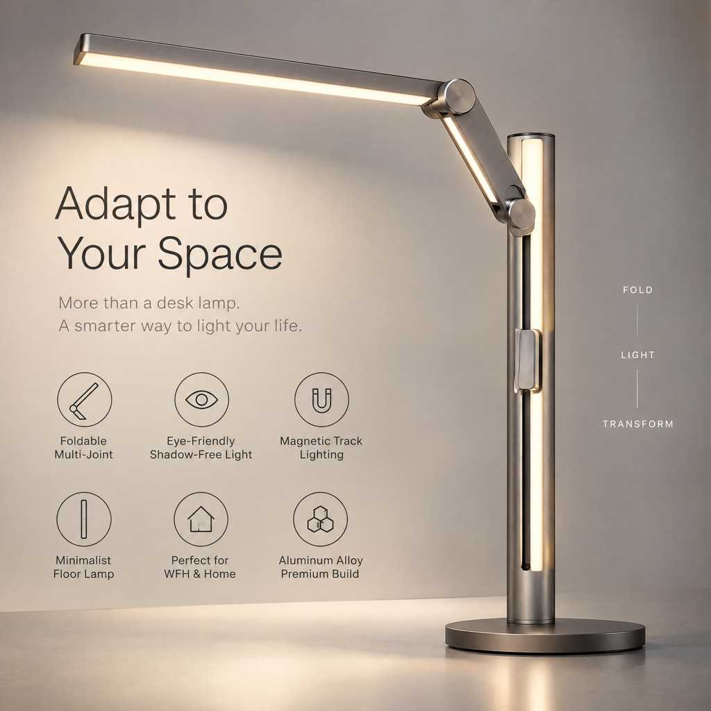 TOWWIY® desk lamp adapt to your space — Fold Light Transform, Foldable Multi-Joint, Eye-Friendly Shadow-Free Light, Magnetic Track Lighting, Minimalist Floor Lamp, Perfect for WFH & Home, Aluminum Alloy Premium Build