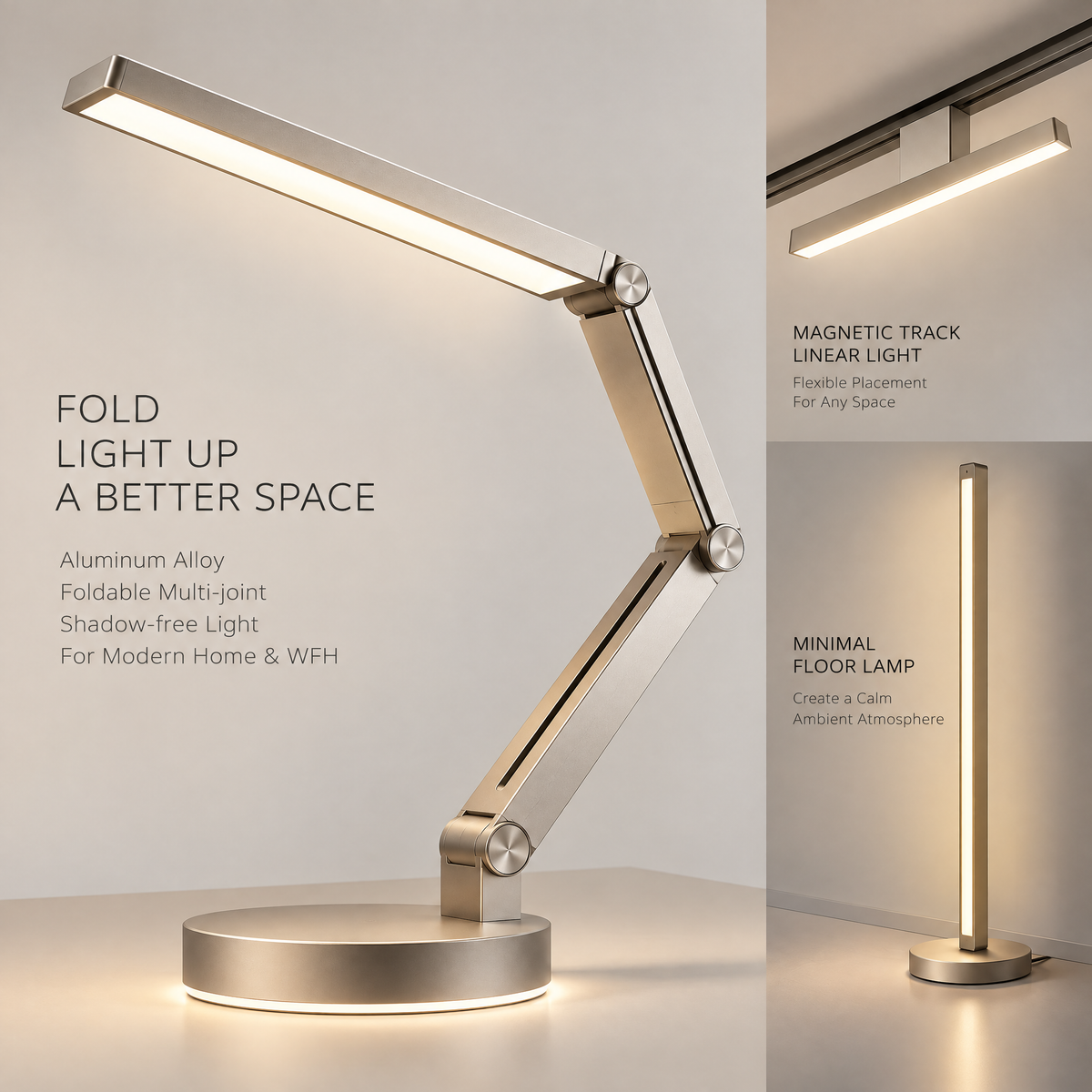TOWWIY® 2-in-1 LED lamp fold light up a better space — Aluminum Alloy, Foldable Multi-joint, Shadow-free Light, For Modern Home & WFH, Magnetic Track Linear Light Flexible Placement, Minimal Floor Lamp Create a Calm Ambient Atmosphere