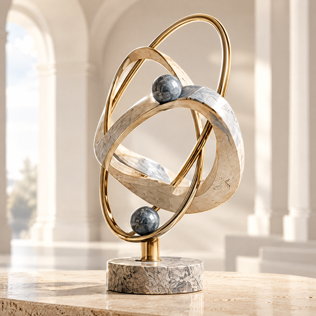 A SYMBOL OF ETERNALITY – Not just a decor, but a lasting presence in your space. ART · LUXURY · TIMELESS. Three-quarter view styled on warm marble coffee table alongside stacked art books and dark brass bowl in luxury living room with cream sofa, warm curtains and mountain view window