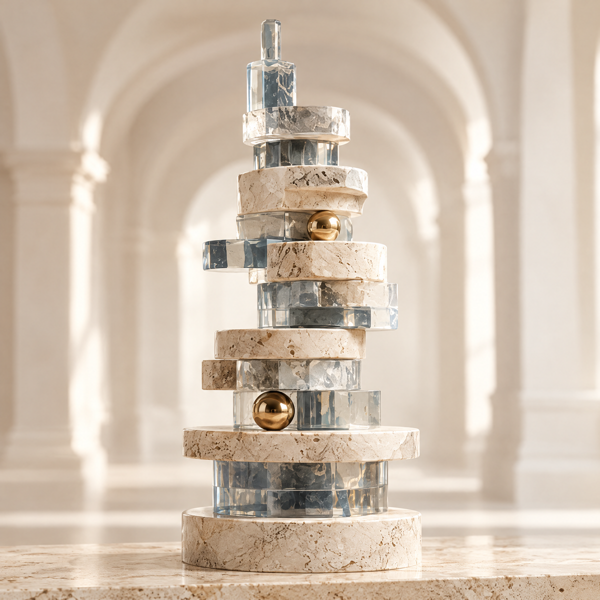 TIME SLICE TOWER – A Sculpture of Time’s Fragments. Not just a sculpture, but a piece of time you can touch. Time Art Living. Full front-facing product view in warm amber arched arcade with soft evening light and dried botanical arrangement