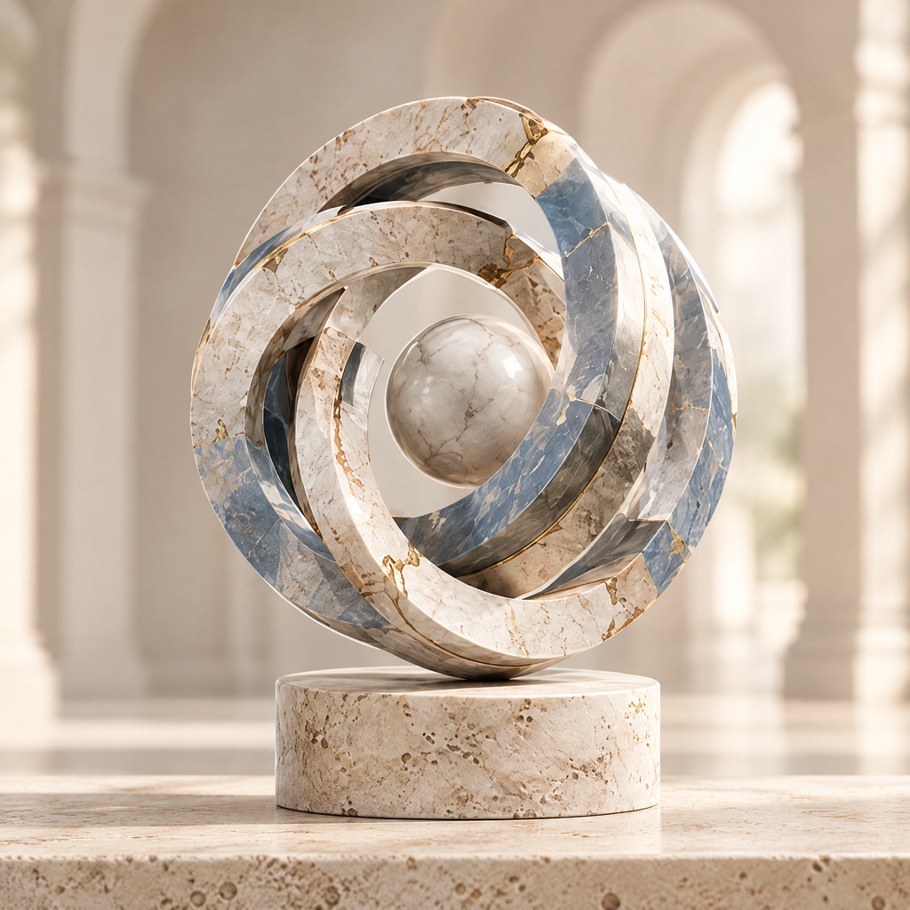 A TIMELESS ART PIECE FOR MODERN SPACES – Where art, time and space converge. Home console styling with The Multi-Temporal Ring alongside art books and brass decorative bowl on warm marble surface in arched interior with afternoon light