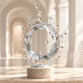Frozen Ring sculpture – crystal clear ring with gold sphere droplets on stone base, displayed in warm arched gallery space, front view