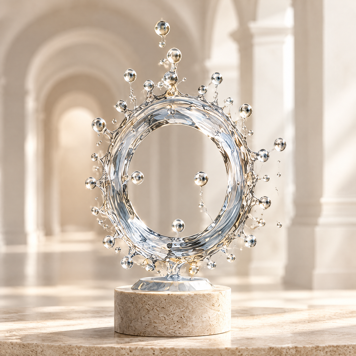 Frozen Ring sculpture – crystal clear ring with gold sphere droplets on stone base, displayed in warm arched gallery space, front view