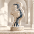 Progressive Contour Form sculpture – three layered female profile contours in warm travertine with blue-grey flowing stone inlay on round travertine plinth, full product view in bright arched gallery