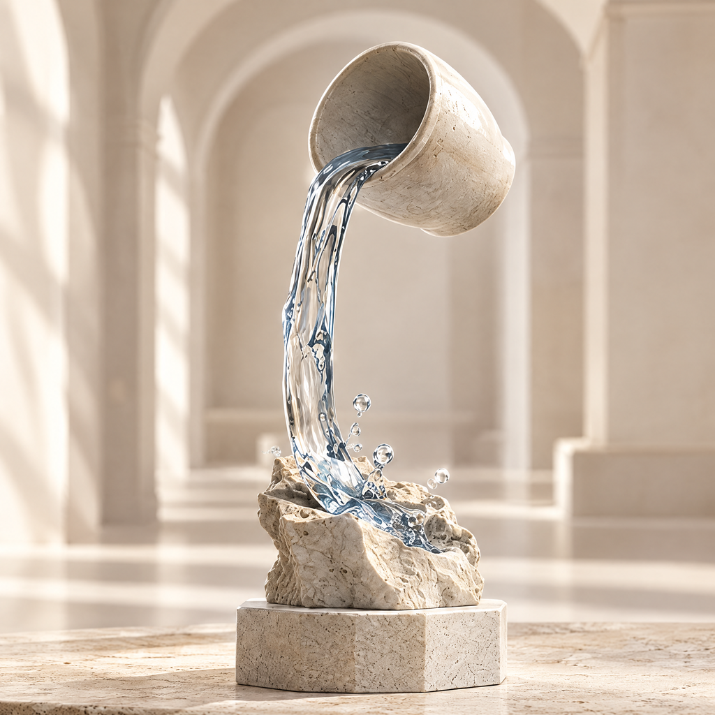 The Spill That Never Falls – stone cup pouring a frozen crystal water stream onto rocky base, displayed in clean arched gallery space