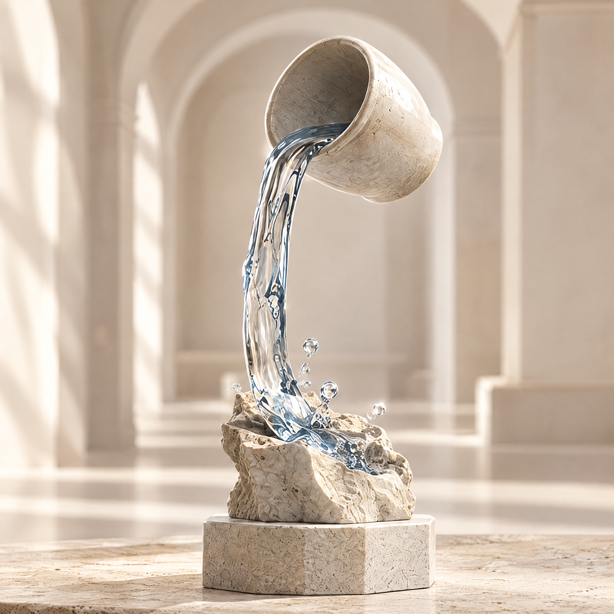 The Spill That Never Falls – stone cup pouring a frozen crystal water stream onto rocky base, displayed in clean arched gallery space