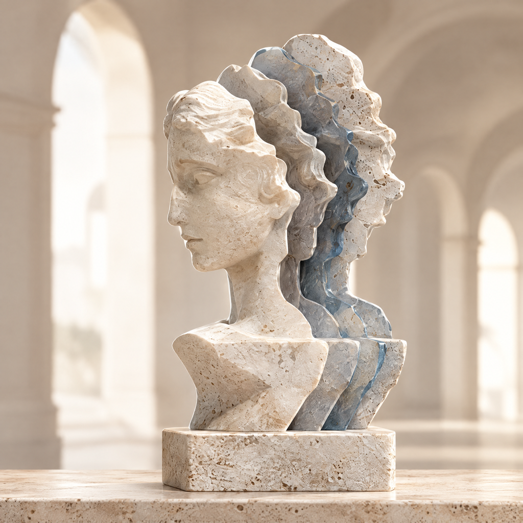 Three Layer Shifted Portrait sculpture – three offset classical female bust profiles in warm travertine and blue-grey stone on rectangular travertine plinth, full product view in bright arched gallery