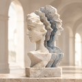 Three Layer Shifted Portrait sculpture – three offset classical female bust profiles in warm travertine and blue-grey stone on rectangular travertine plinth, full product view in bright arched gallery
