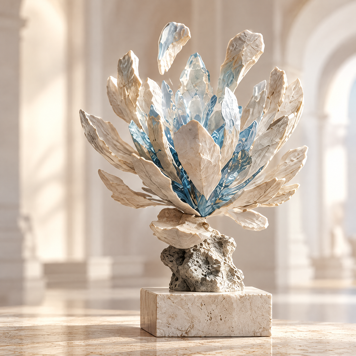 Moment Unfolded sculpture – stone and blue crystal petal bloom on raw travertine base with marble plinth, full product view in bright arched gallery with warm light