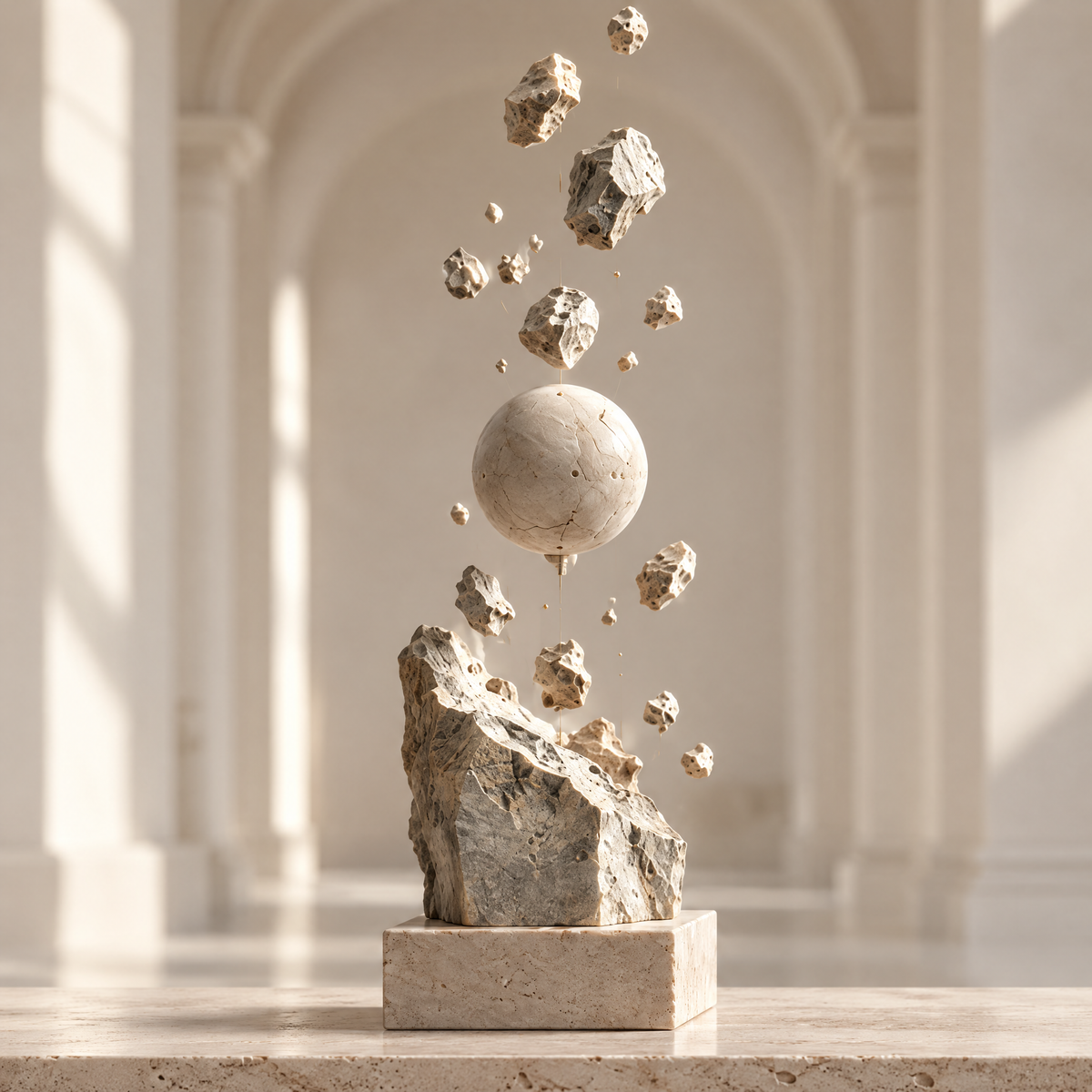 Time In Form sculpture displayed in bright arched gallery space, showing full vertical composition with suspended stone sphere