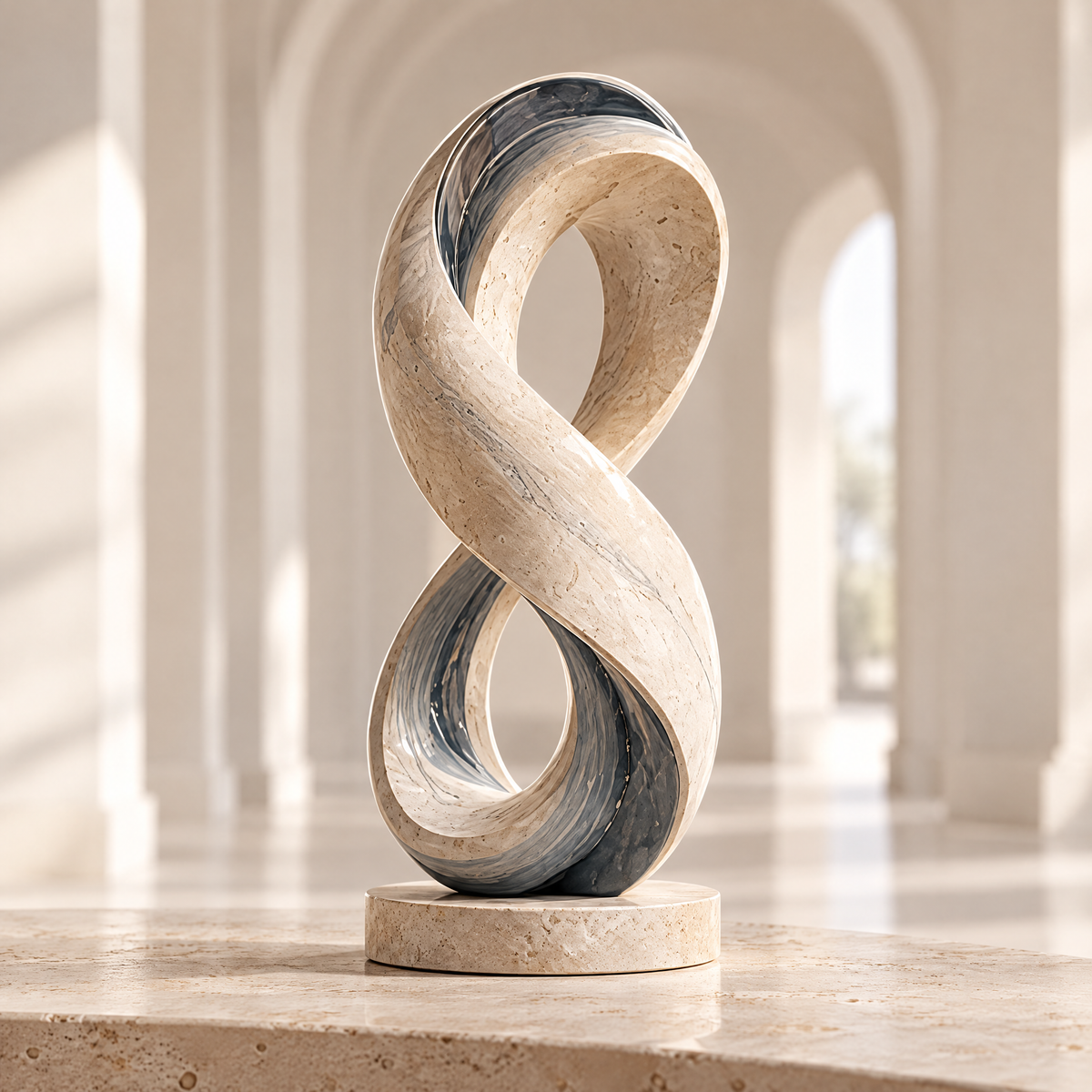 DIFFERENT ANGLES. SAME ETERNAL FLOW. – Four views of The End Connects the Beginning sculpture: Front, Left, Back, Right. All on flat disc travertine base showing warm travertine exterior and blue-grey marble interior from every angle in warm dappled natural light