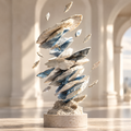 Flying Layers sculpture – spiraling stone and blue crystal leaf fragments on travertine base, displayed in bright arched gallery space, full product view