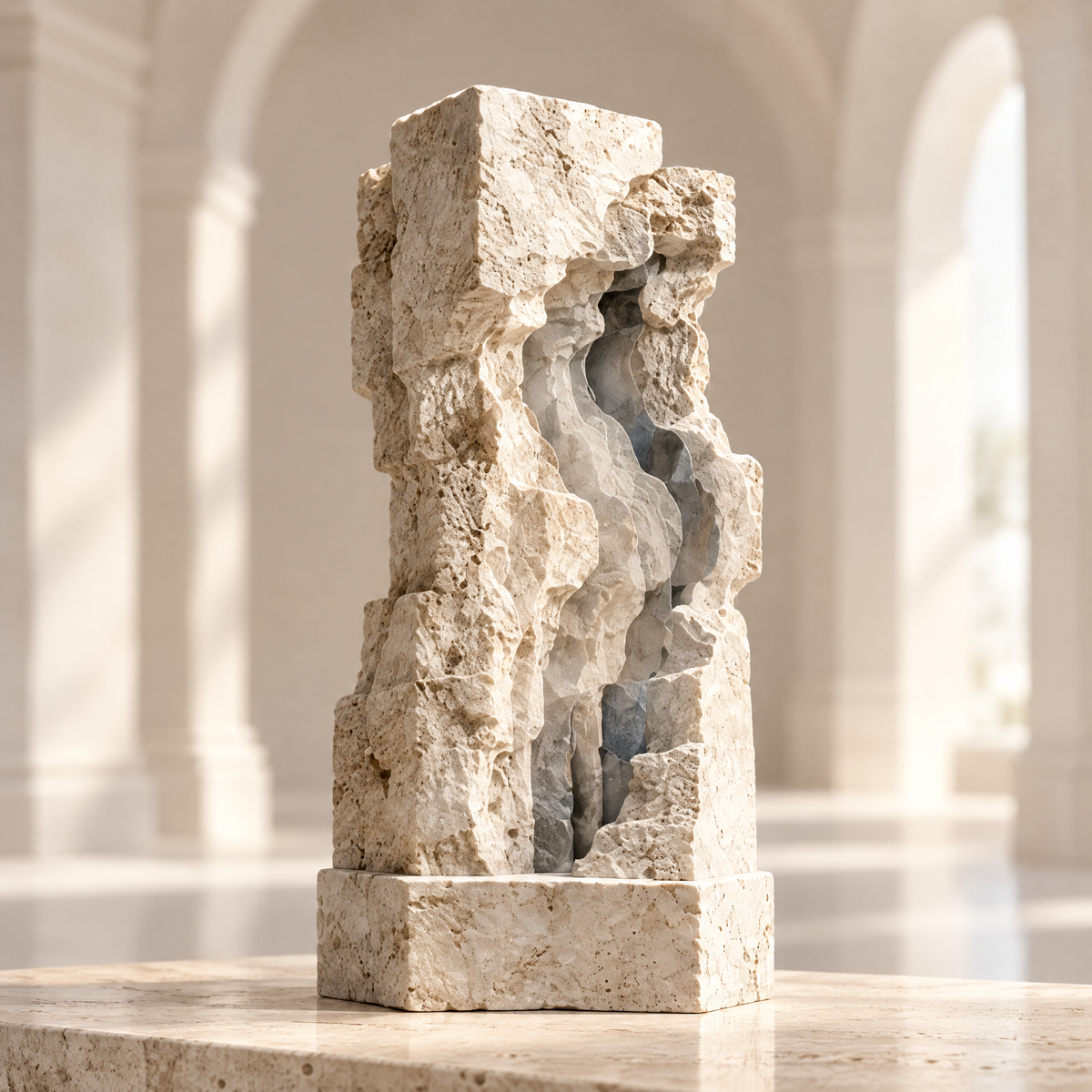 Continuous Transformation Stele sculpture – rough-hewn travertine monolith with central luminous white crystal channel on rectangular travertine plinth, full product view in bright arched gallery with warm dappled sunlight