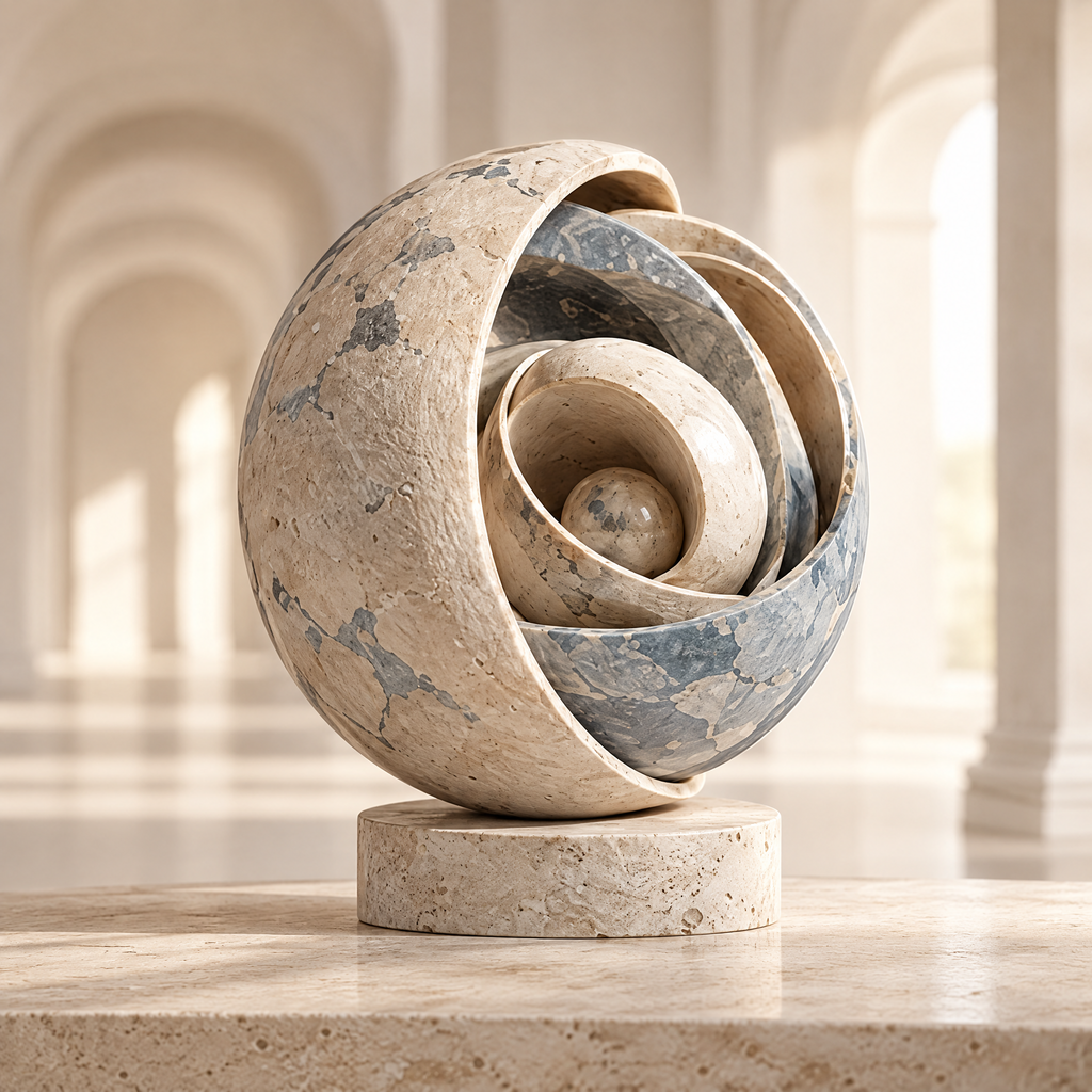 INNER-OUTER CYCLE SHELL – A Sculpture of Time and Existence. The cycle within, the universe without. Time never stops, it just circles. Three-quarter front view styled on warm marble surface alongside stacked art books THE ART OF TIME and ETERNAL JOURNEY in warm arched interior with afternoon window light