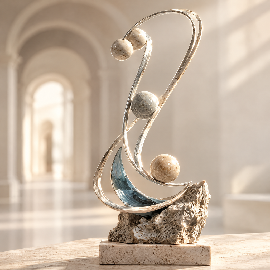 Foldback Trajectory sculpture – three stone spheres on sweeping silver arc above blue crystal base and raw travertine rock, displayed in bright arched gallery, full product view