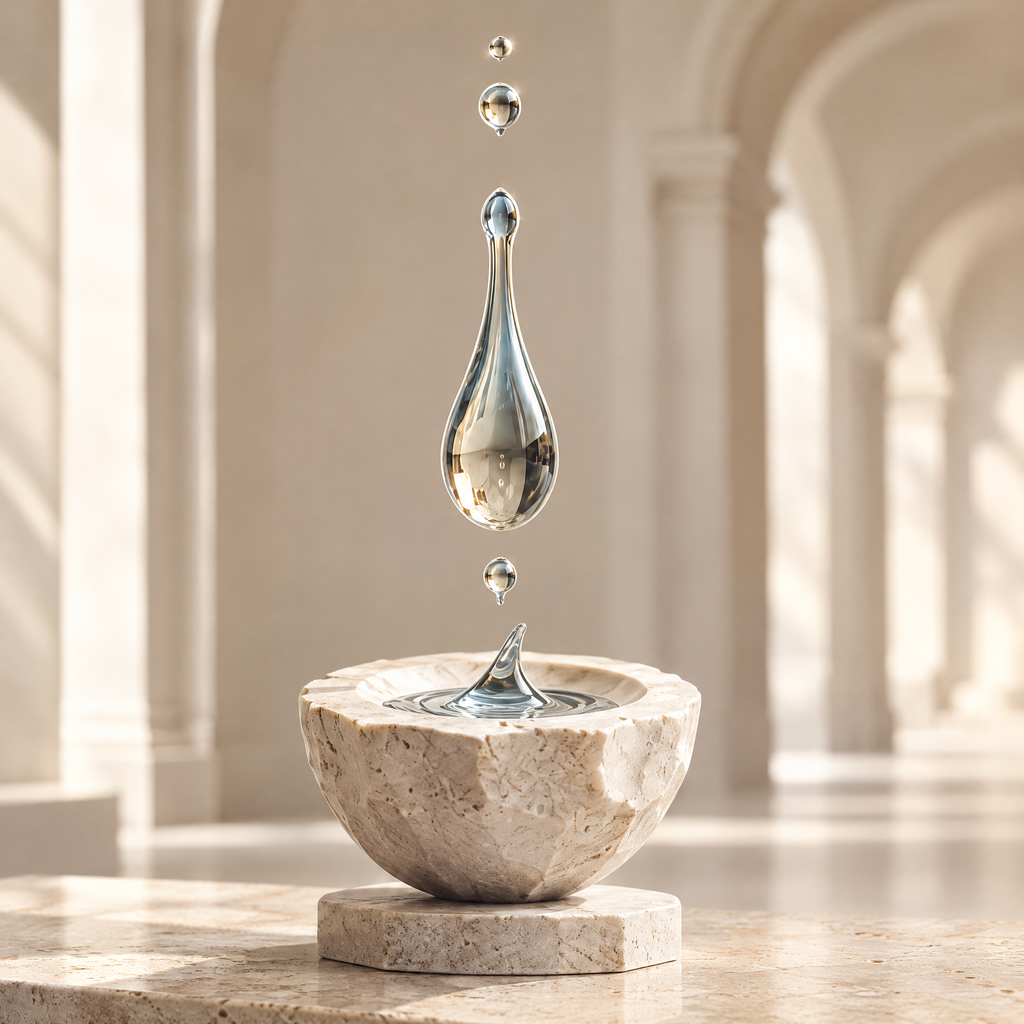 The Suspended Drop sculpture – crystal teardrop and spheres suspended above travertine stone bowl on marble base, full product view in bright arched gallery