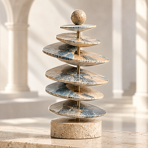 CYCLE LAYERED BODY – A Sculpture of Time and Existence. Layer by Layer Time Reveals Its True Form. Orbital icon. Three-quarter front view in warm amber arched gallery interior with another marble sphere sculpture visible in soft-focus background