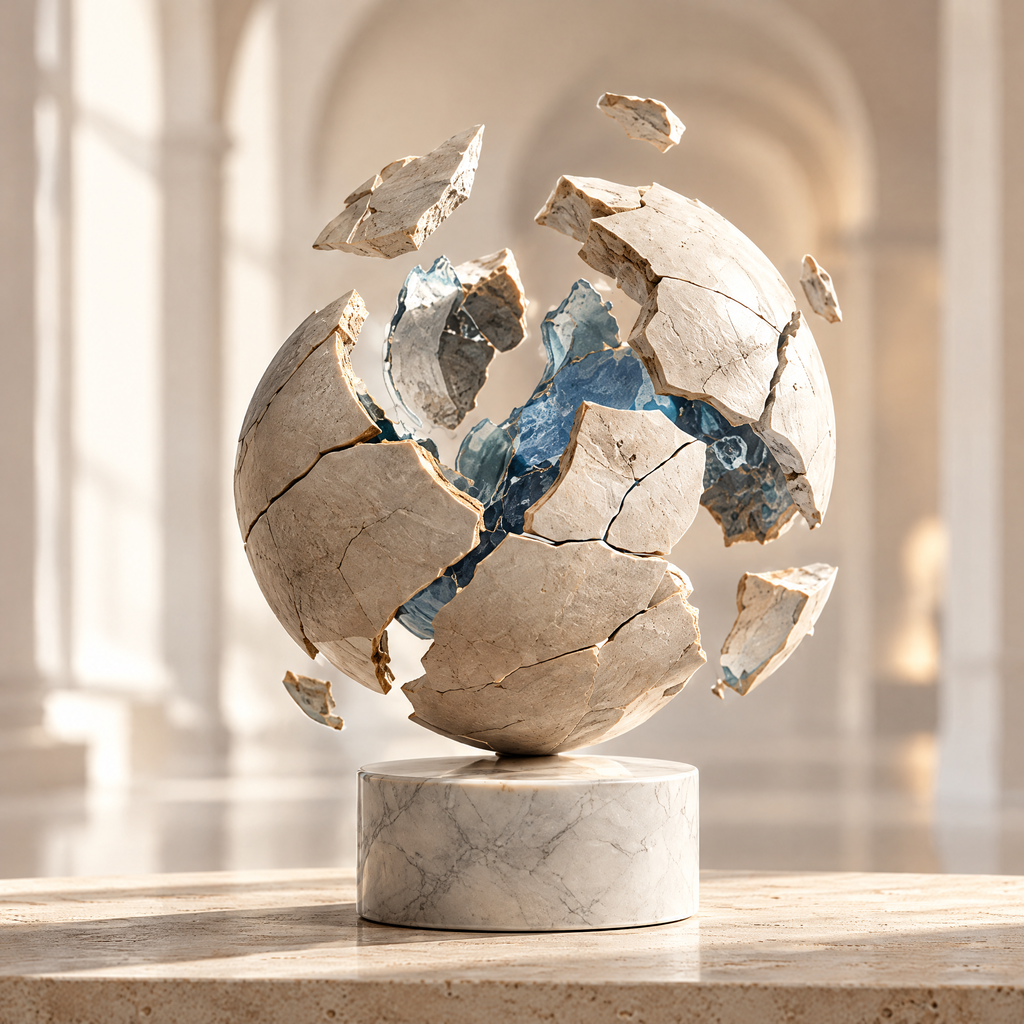 Fractured Still Sphere sculpture displayed in bright arched gallery space, clean product shot showing stone sphere with blue crystalline core on marble base