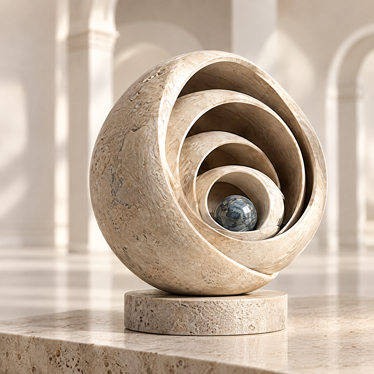 THE SELF-NESTED BODY – A Sculpture of Time and Existence. The self is a universe, layered by time, forever nesting within. Three-quarter front view showing full spiral shell opening and blue-grey marble sphere in warm amber arched arcade with soft afternoon light