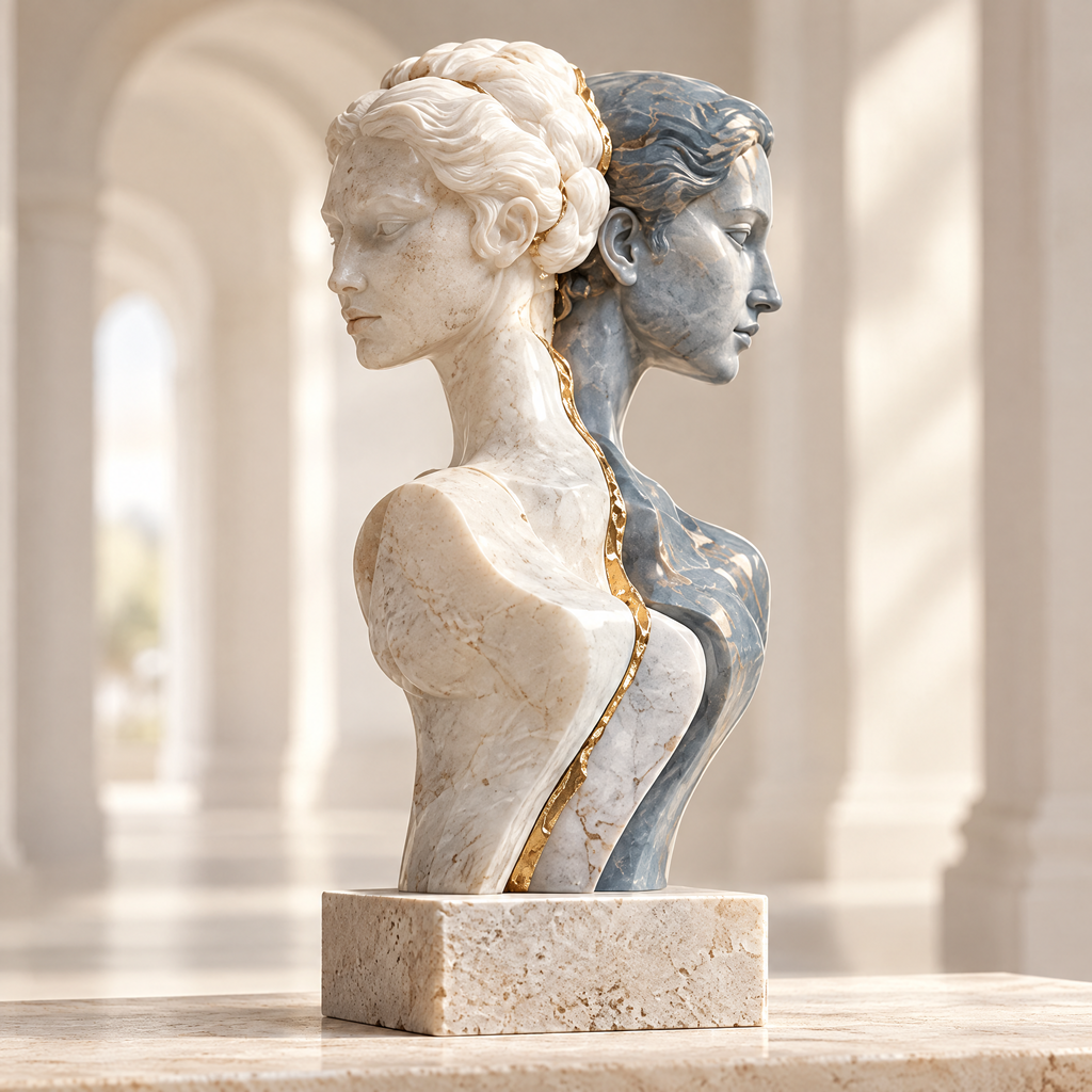 The Duality of Time sculpture – two classical female faces back-to-back in warm travertine and blue-grey marble with hand-applied gold seam on rectangular travertine plinth, full product view in bright arched gallery