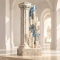 The Shadow Column sculpture – Corinthian travertine column with cascading blue crystal glass fragments on rectangular stone plinth, full product view in bright arched gallery with warm light