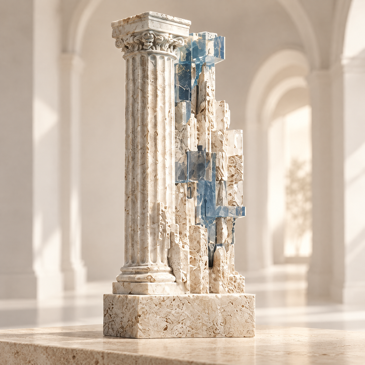 The Shadow Column sculpture – Corinthian travertine column with cascading blue crystal glass fragments on rectangular stone plinth, full product view in bright arched gallery with warm light