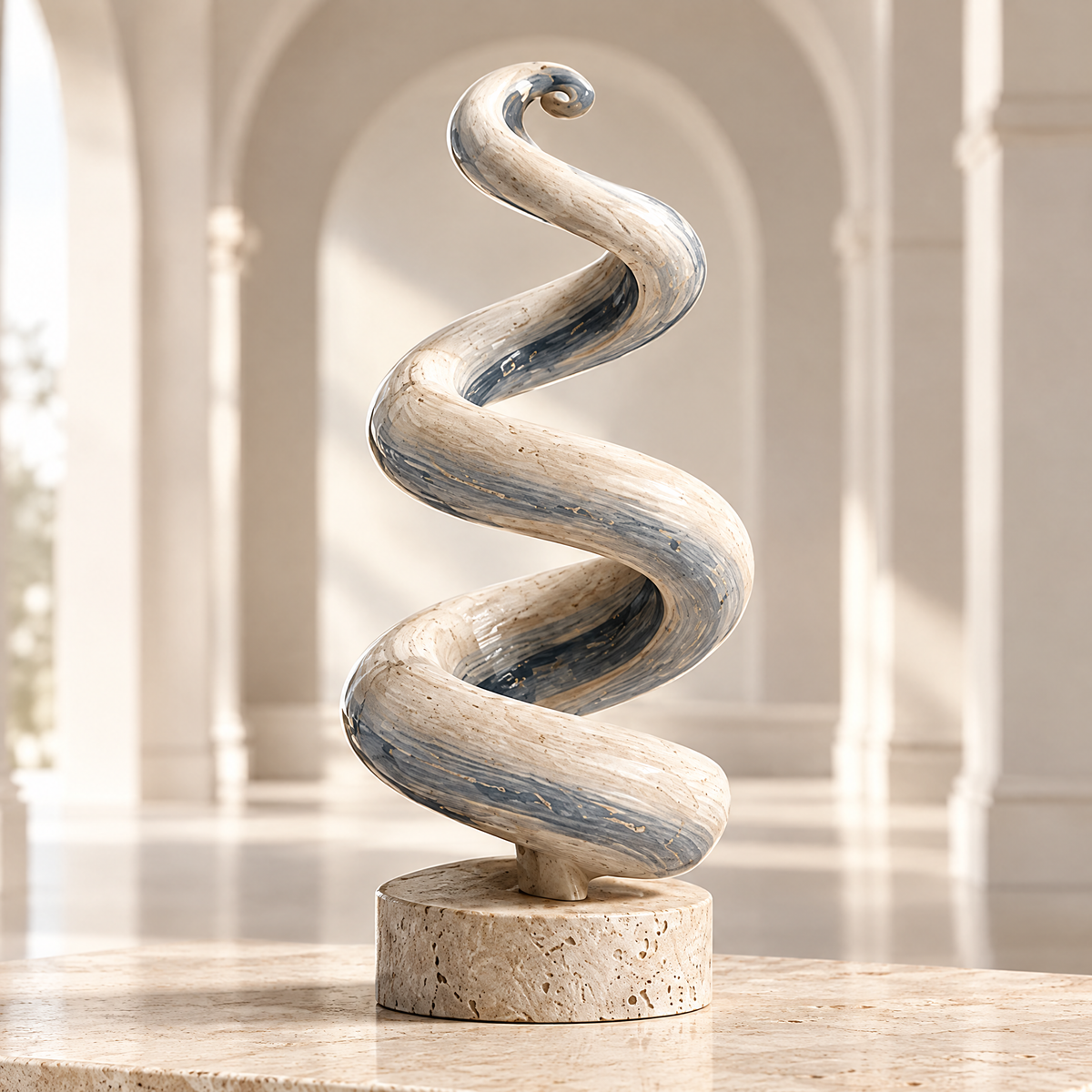 THE ENDLESS SPIRAL – A Sculpture for Time Beyond Time. Not a beginning. Not an end. Only the flow. Three-quarter angled overhead view in warm cream arched gallery interior with potted olive branch visible in soft-focus background