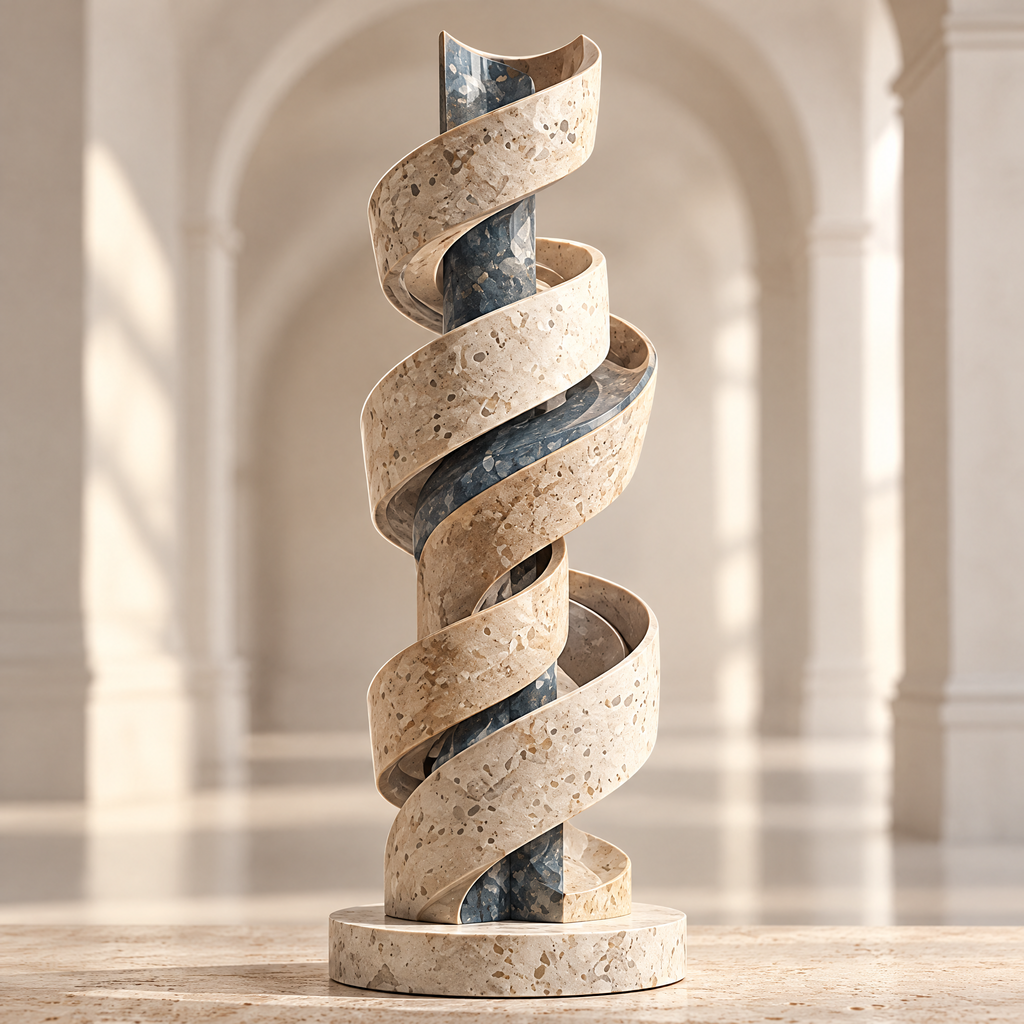 THE REWIND COLUMN – A Sculpture of Time’s Flow. Time does not move in a straight line, it spirals, leaves traces, and becomes art. Time Trajectory, Layered Texture, Premium Craftsmanship. Three-quarter front view in warm amber classical gallery interior with dramatic raking window light and classical statues in background