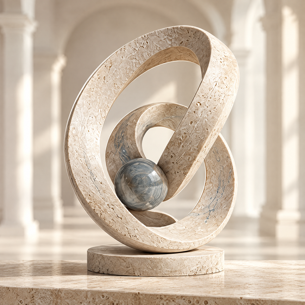 INFINITE RETURN RING – Art Beyond Time. A timeless sculpture that loops through the moments. Time Trajectory Design, Premium Natural Stone, Luxury Home Decor. Three-quarter angled view in warm amber arched arcade with three icon callouts