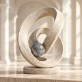 INFINITE RETURN RING – Art Beyond Time. A timeless sculpture that loops through the moments. Time Trajectory Design, Premium Natural Stone, Luxury Home Decor. Three-quarter angled view in warm amber arched arcade with three icon callouts