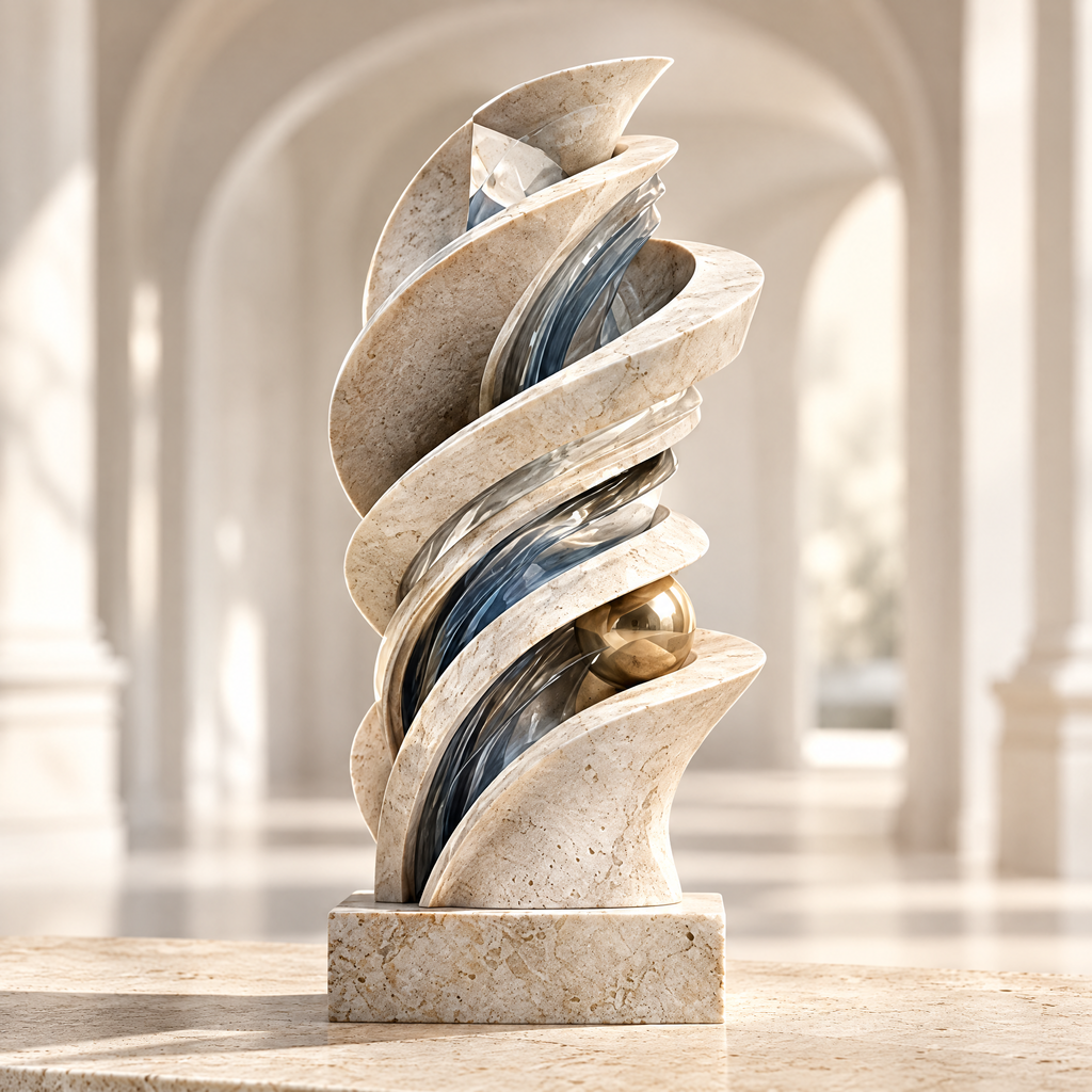 Delayed Curve sculpture – full-height spiral of warm travertine blades with dark blue crystal glass channel and polished gold sphere at center, on rectangular travertine plinth, full product view in bright arched gallery