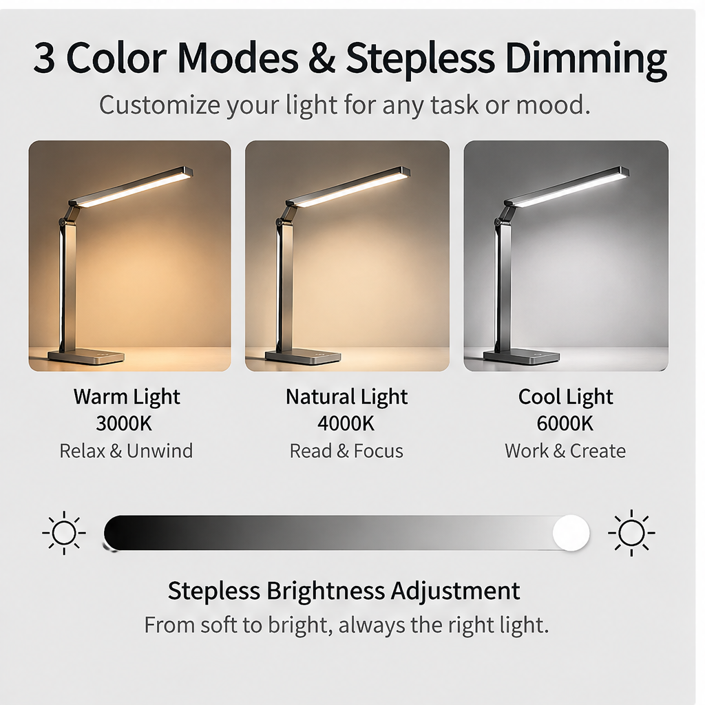 TOWWIY® minimalist LED desk lamp in modern home office setting — a perfect blend of style and function for work and living