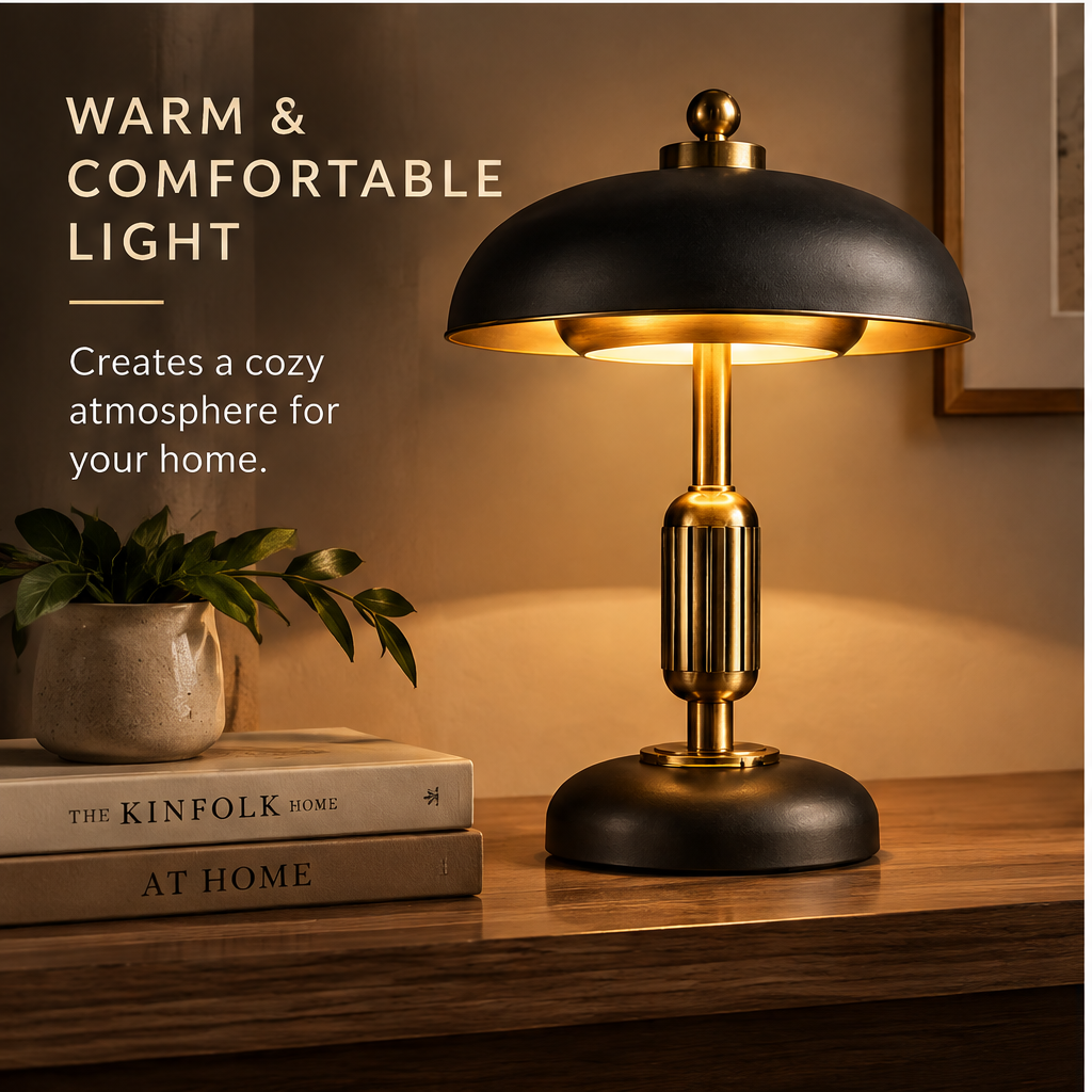 Art Deco mushroom dome table lamp premium materials close-up - Premium Materials, Solid Brass Finish, High-Quality Metal Shade, Durable and Long-Lasting, brushed gold dome interior and fluted brass column macro detail