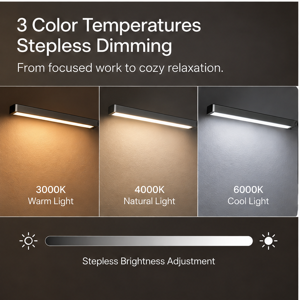 TOWWIY® desk lamp 3 color temperatures stepless dimming — 3000K Warm Light, 4000K Natural Light, 6000K Cool Light, Stepless Brightness Adjustment, from focused work to cozy relaxation