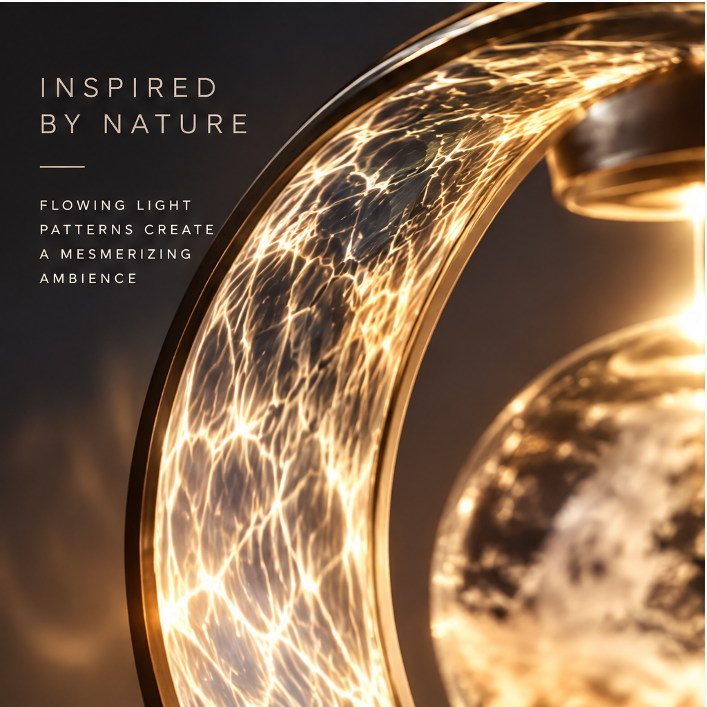 Crescent moon levitating globe lamp Inspired by Nature close-up - Flowing Light Patterns Create a Mesmerizing Ambience, extreme macro of crackle glass crescent arc surface, warm gold LED light veins flowing through every crack and fissure, transparent globe partial view